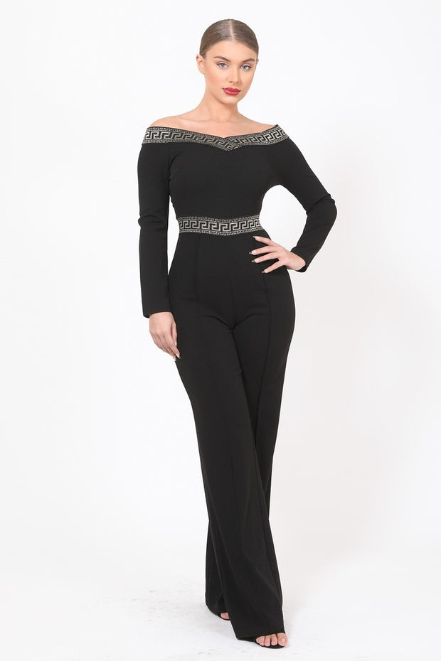 GREEK  DETAILED OFF SHOULDER JUMPSUIT