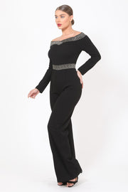 GREEK  DETAILED OFF SHOULDER JUMPSUIT