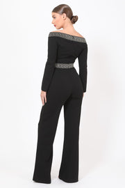 GREEK  DETAILED OFF SHOULDER JUMPSUIT