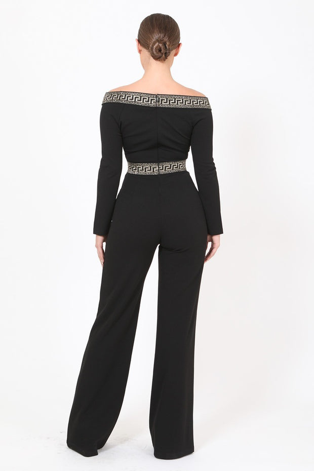 GREEK  DETAILED OFF SHOULDER JUMPSUIT