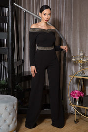 GREEK  DETAILED OFF SHOULDER JUMPSUIT